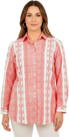 Roaman's Plus Size Kate Long Sleeve Easy Cotton-Blend Button-Front Shirt in Vivid Red Stripe at Nordstrom, Size 26