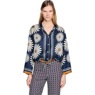 Sandro Floral print silk shirt in Deep Blue /Ocher at Nordstrom, Size X-Small