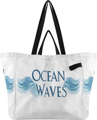 Generic Ocean Wave Blue pattern Reusable Canvas Tote Bag, Heavy Duty Grocery Shopping Bag with Hard Bottom Double Handles Large Capacity Work Groceries Travel
