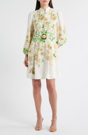 Tahari by ASL Border Print Belted Long Sleeve Dress in Ivory Fern at Nordstrom, Size 16P