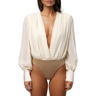 JLUXLABEL Pleated Long Sleeve Bodysuit in Ivory at Nordstrom, Size X-Large
