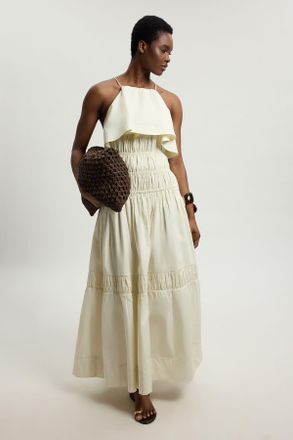 Karen Millen Womens Ruffle Front Cotton Poplin Halterneck Midi Dress - White - Size 18 UK