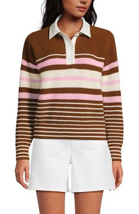 Lands End Drifter Rugby with Woven Collar Sweater in Rich Ginger Multi Stripes at Nordstrom, Size X-Large P