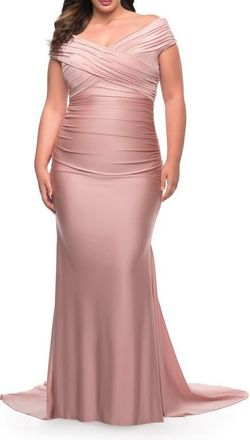 La Femme Off the Shoulder Ruched Plus Size Gown with Train in Mauve at Nordstrom, Size 14W