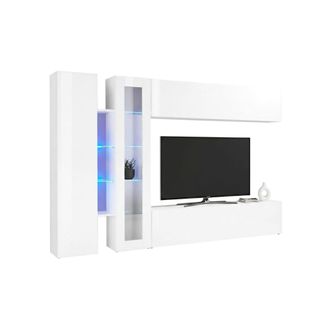 Dmora Pared Equipada Dborin, Conjunto De Sal&oacute;n Mueble Tv Con 4 Puertas, Mueble Sal&oacute;n Polivalente, 100% Made In Italy, Cm 280x30x180, Blanco Brillo - Dmora