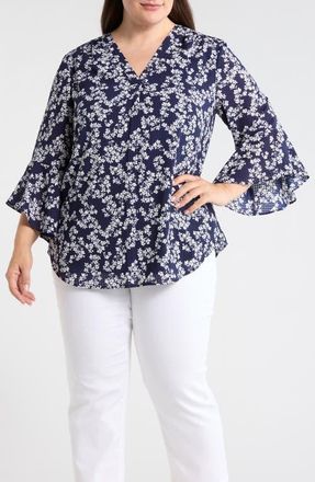 Jones New York Floral Print Bell Sleeve Top in Pacific Navy/nat Wht at Nordstrom, Size 3X