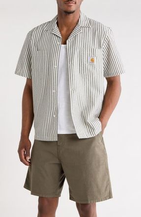 Carhartt Work in Progress Leavel Stripe Seersucker Cotton Blend Button-Up Bowling Shirt in Leavel Stripe, Black /Wax at Nordstrom, Size Xx-Large