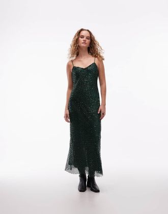 AllSaints Chantelle - Vestito lungo in paillettes verde scuro