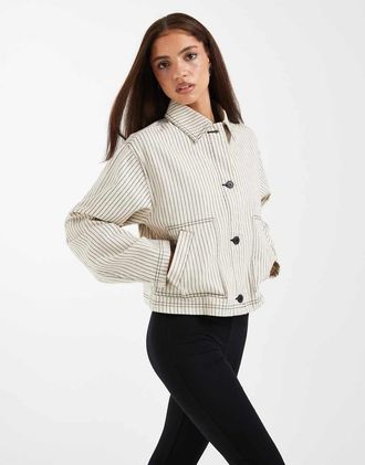 Asos Giacca harrington corta in cotone bianca e nera a righe-Bianco