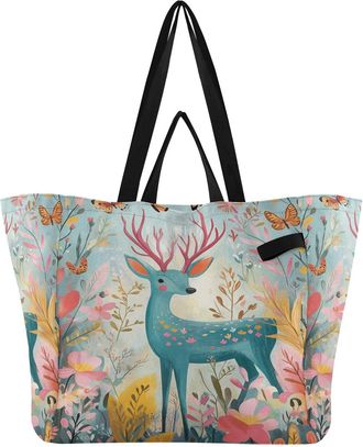 Generic Floral Deer Butterfly Pink print Reusable Canvas Tote Bag, Heavy Duty Grocery Shopping Bag with Double Handles Hard Bottom Large Capacity Work Groceri