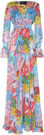 Philipp Plein Kleedjes, Dames, Veelkleurig, M, Chiffon, Chiffon Lange Jurk Bombing Graffiti