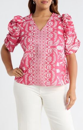 Sugarlips Rania Floral Chancellor Ruched Sleeve Cotton Top in Pink-White at Nordstrom, Size 1 X