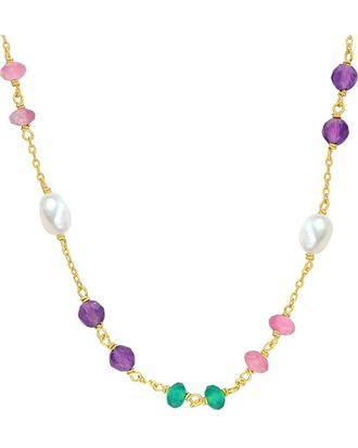 Rina Limor Silver 4.65 Ct. Tw. Amethyst, Green Onyx And Pink Tourmaline & 4-5.5 Mm Pearl Bead Station Necklace