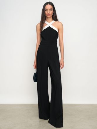 Reiss Black & cream Colour-block Halter Wide-leg Jumpsuit, 12