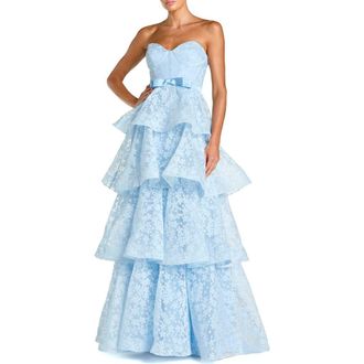 Mac Duggal Strapless Floral Organza Tiered Gown with Bow in Powder Blue at Nordstrom, Size 10