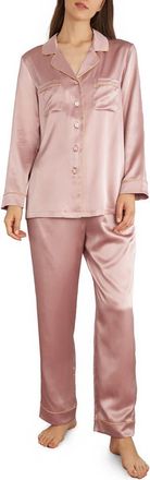 LilySilk Gold Piping Silk Pajamas Set in Rosy Pink at Nordstrom, Size Medium
