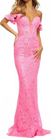 Sherri Hill Elegant Off The Shoulder Lace Dress In Bright Pink