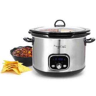 MegaChef 6 Quart + 2.6 Quart Split Stainless Steel Electric Slow Cooker in SIlver in Grey at Nordstrom