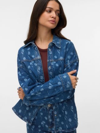 Vero Moda Jeansbluse VERO MODA VMHAYDEN LS FLOWER DENIM SHIRT RA380, Damen, Gr. XL, medium blau denim aop:flower, Obermaterial: 99% Baumwolle, 1% Elasthan, bedr