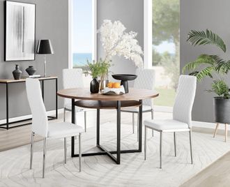 Furniturebox Adley Brown Wood Storage Dining Table & 4 Milan Chrome Leg Chairs in Off-White