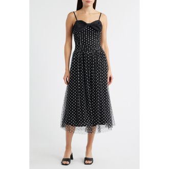 Moon River Bow Polka Dot Mesh Fit & Flare Midi Dress in Black at Nordstrom Rack, Size X-Large