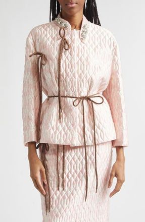 Simone Rocha Quilted Floral Offset Fragment Collar Jacket in Pink/Brown/Pearl/Clear at Nordstrom, Size 6 Us