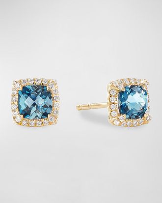 David Yurman Petite Chatelaine Pave Bezel Stud Earrings in 18K Yellow Gold with Hampton Blue Topaz