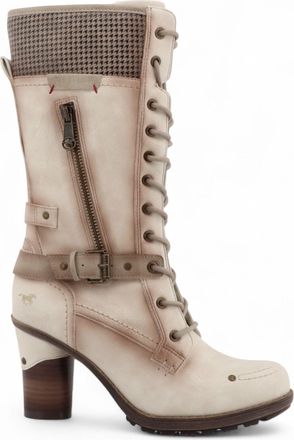 Mustang Womens Cream White Mid-Calf Lace Up Heeled Combat Boots