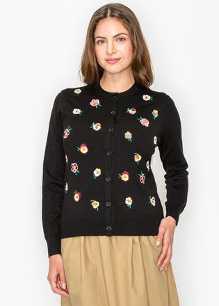 YAL New York Embroidered Pansy Cardigan in Black