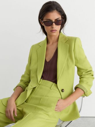 Reiss Green Textured-weave Single-breasted Suit Blazer, 16