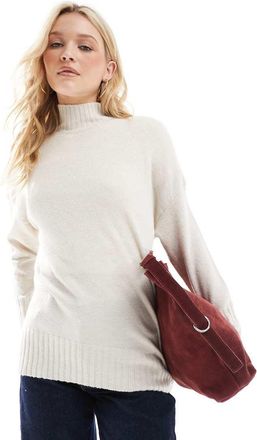 Only high neck ribbed longline sweater in cream-White