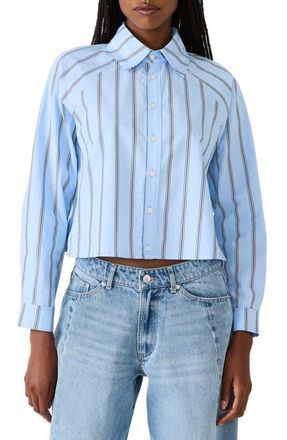 Steve Madden Tess Stripe Embellished Button-Up Crop Top in Estate Blue at Nordstrom, Size Large