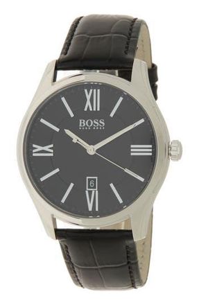 BOSS Ambassador Croc Embossed Leather Strap Watch, 43mm in Black at Nordstrom Rack