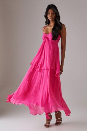 Warehouse Womens Chiffon Asymmetric Double Layer Bandeau Maxi Dress - Light Pink - Size 10 UK