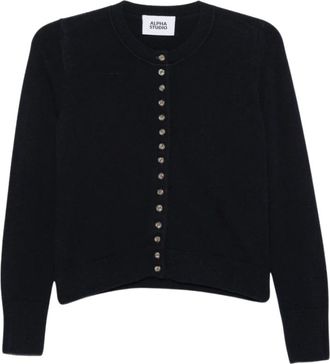 Alpha Studio Truien & Vesten, Dames, Blauw, L, Fijngebreide Cardigan met Ronde Hals