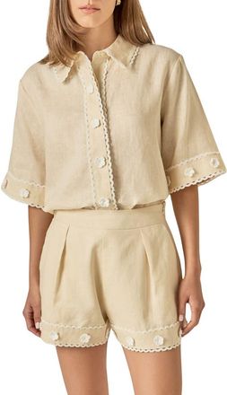 English Factory Floral Detailed Short Sleeve Linen Shirt in Light Beige at Nordstrom, Size X-Small