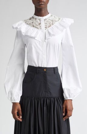 Giambattista Valli Ruffle Lace Yoke Cotton Poplin Top in Optical White at Nordstrom, Size 6 Us