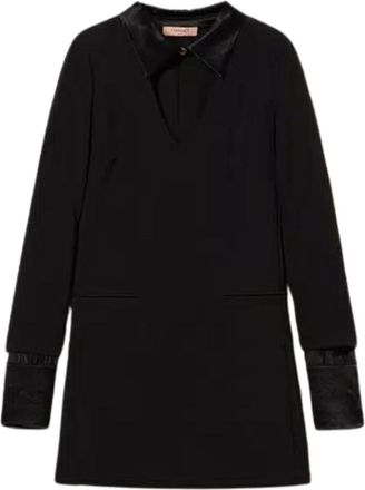 Twinset Zwarte Cr&ecirc;pe Jurk V-Hals Lange Mouw - Dames - Korte kleedjes - Zwart - XS - Satijn - Kleedjes
