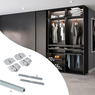 Emuca Kit De Herrajes Para Armario 2 Puertas Correderas Y Cierre Suave Flow Con Carriles Encastrados 2.35m, Tableros No Incluidos, Anodizado Mate - Emuca