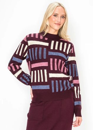 YAL New York Burgundy Mock Neck Sweater with Multi Stripe Blocks