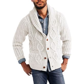 Generic Mens Knitted Jumper Shawl Collar Long Sleeve Knitwear Cable Knit Cardigan Sweater Thick Warm Knit Jacket Autumn Winter Thermal Casual Outerwear with P