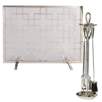Dibor Contemporary Nickel 4pc Freestanding Fireside Companion Set with Fire Screen Guard in Silver