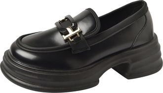 Generic British Small Leather Shoes for Women Spring Platform Slip On Loafers Retro White Shoes Summer Wedges (Black, 4)