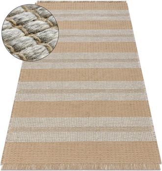 RugsX Rugsx - Alfombra Jute 3734 Beige / Rayas Grises - Yute, Tejido Plano, Flecos Beige 160x220 Cm