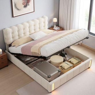 OEM Cama 140x190 Cm, 250512hxf, Led, Hidr&aacute;ulica, Simplicidad Moderna, Cama Para Adultos, Marco De Cama Doble 140x190 Cm, Terciopelo, Beige