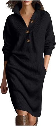 Generic Winter Dresses for Women UK Long Sleeve Collared Button Up Midi Sweater Dresses Autumn Elegant Knitted Casual Comfy Knee Length Plain Jumper Dress wit