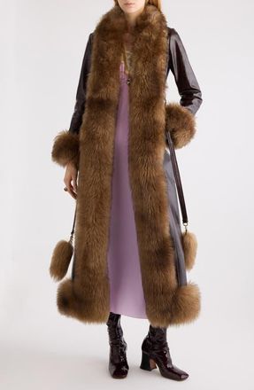 Chlo&eacute; Leather & Genuine Shearling Long Column Coat in Abyssal Brown at Nordstrom, Size 6 Us