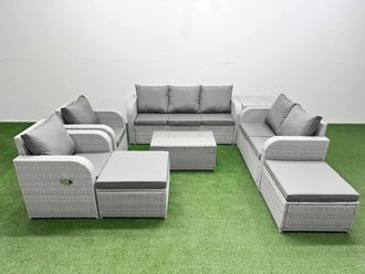 Fimous PE Rattan Garden Furniture Set Adjustable Chair Sofa Double Love Seat 2 Seater Sofa Lounge Set Oblong Coffee Table 2 Big Footstool Side Table