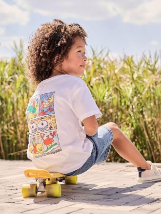 Vertbaudet Jungen T-Shirt mit Motiv vorn und hinten, mit Recycling-Baumwolle wei&szlig;