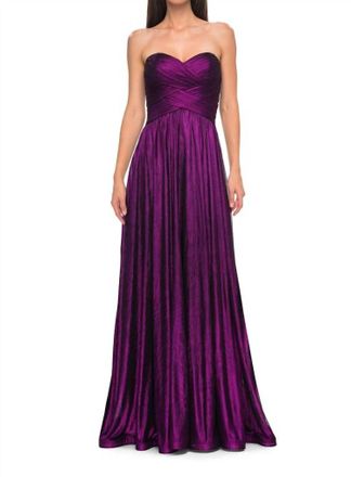 La Femme Metallic Chiffon Dress In Royal Purple